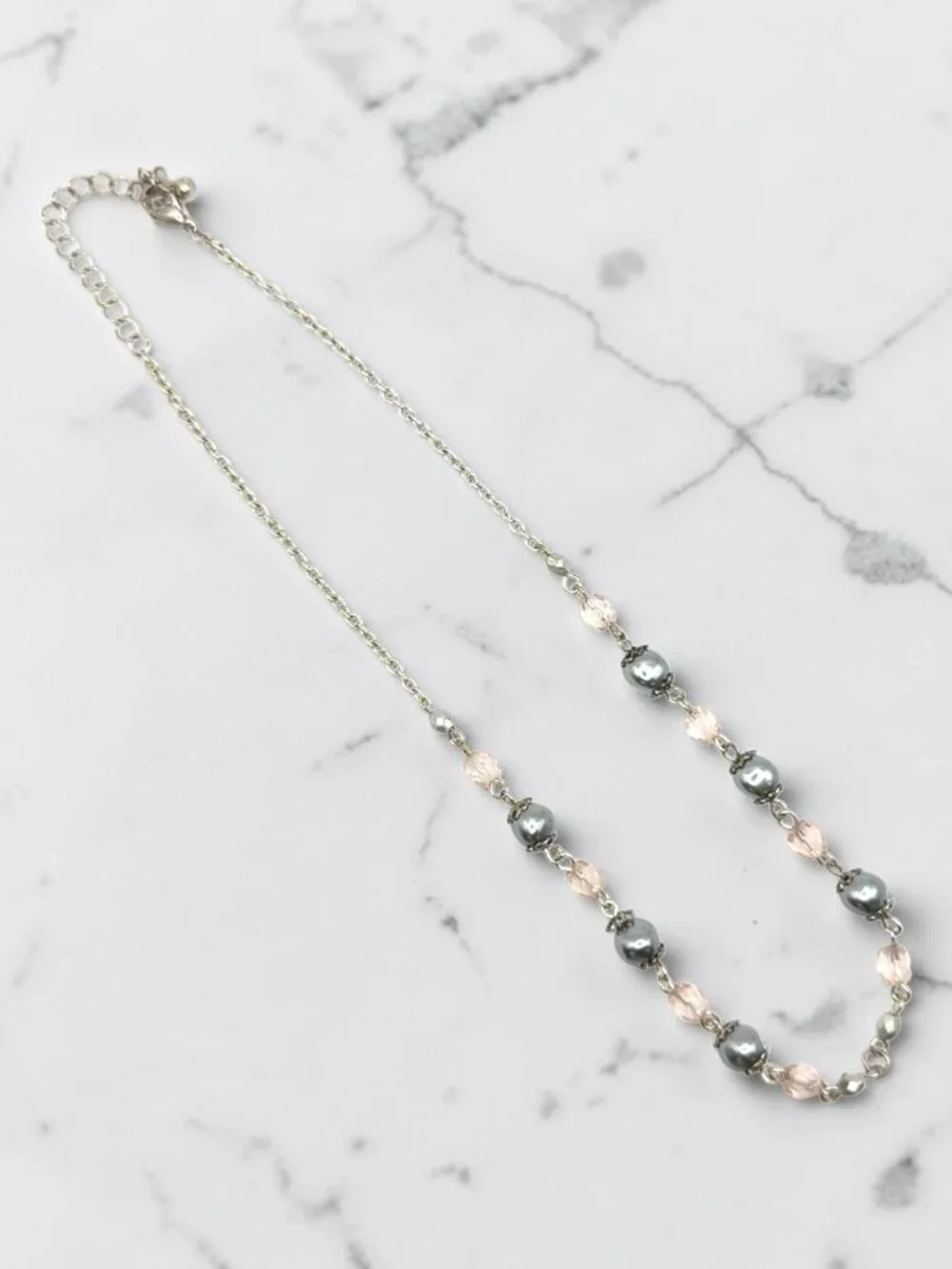 Silver-Tone Faux Pearl and Clear Bead Necklace